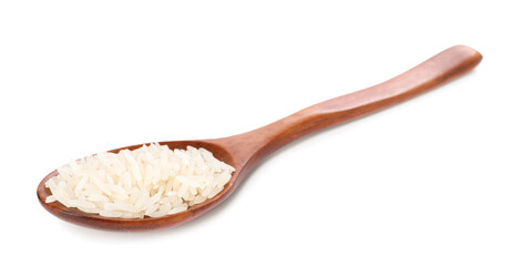 Spoon with raw rice isolated on white