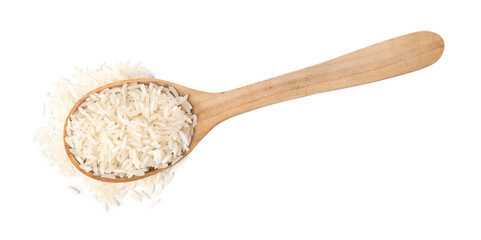 Spoon with raw rice isolated on white, top view