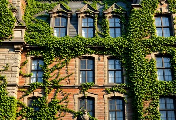 Naklejka premium Whimsical Brick Building Overgrown with Green Ivy, Ancient Architecture, Natures Embrace