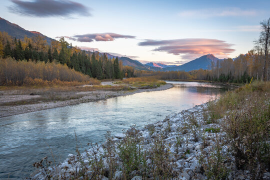 Sunset view of Elk River and mountains range in Fernie area, British Columbia, Canada