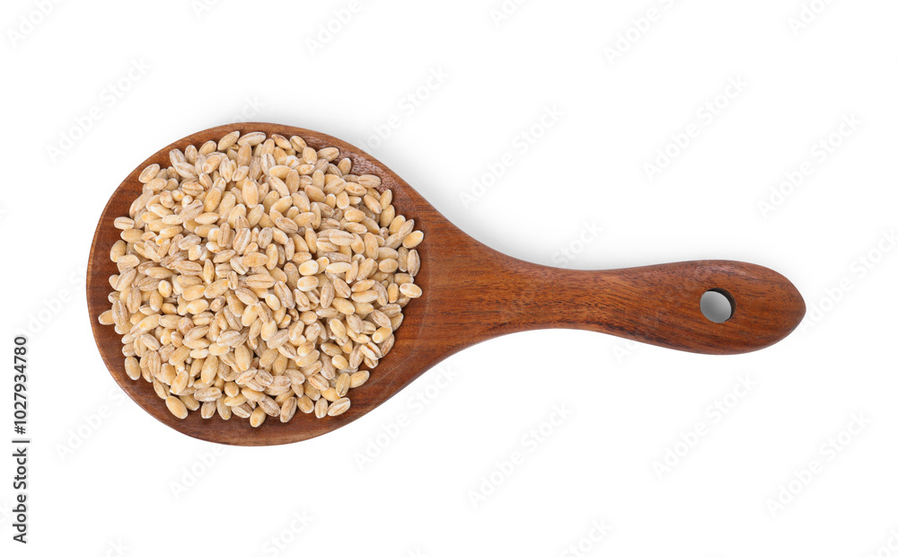 Sticker Spoon with pearl barley groats isolated on white, top view