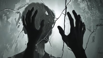 Silhouette of a person with outstretched hands reaching through a cracked glass surface.