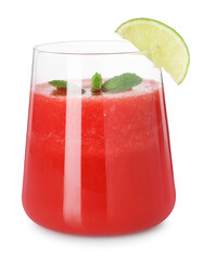 Tasty watermelon drink in glass, mint and lime isolated on white