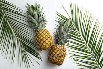 Fototapeta premium Fresh ripe pineapples and palm leaves on white background, flat lay
