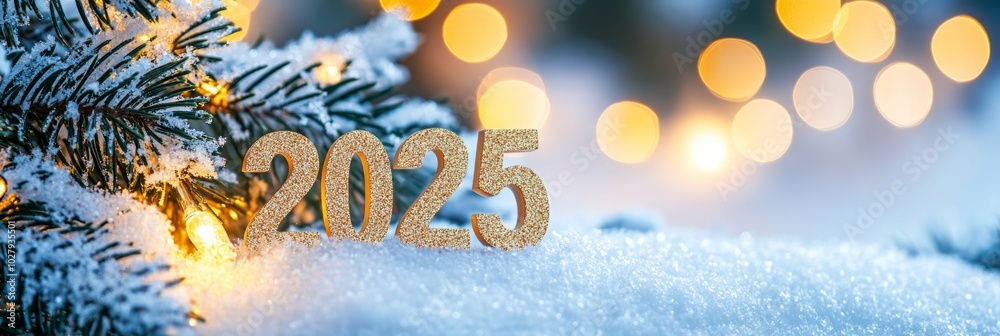 Poster golden '2025' numbers in snow with bokeh lights in the background, ideal for new year and christmas