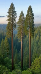 A serene mist blankets the towering redwood forest in California, creating an ethereal atmosphere as fog drifts among the trees and mountains in the distance