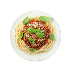 Delicious pasta bolognese with basil isolated on white, top view