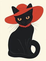 This black cat sits gracefully, showcasing its red hat and collar, while exuding charm and poise