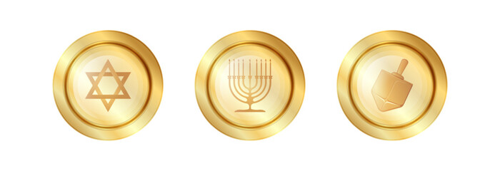 Star of David, menorah and dreidel on a gold medallion, souvenir or symbol. Hanukkah holiday.