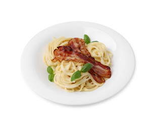 Delicious pasta Carbonara with bacon and basil isolated on white
