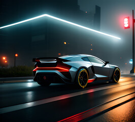 Futuristic concept of hypercar. Against the background of a futuristic city in a new light. Cyberpunk style. Sports cars supercars. Exotic.