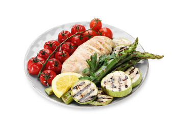 Delicious grilled vegetables and chicken breast isolated on white