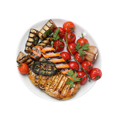 Delicious grilled vegetables and chicken breast isolated on white, top view
