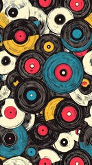 Fototapeta premium Circles in multiple colors on a black-and-white background with shades of red, yellow, blue, and black