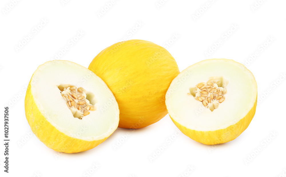 Sticker Whole and cut ripe melons isolated on white