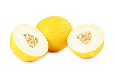 Whole and cut ripe melons isolated on white