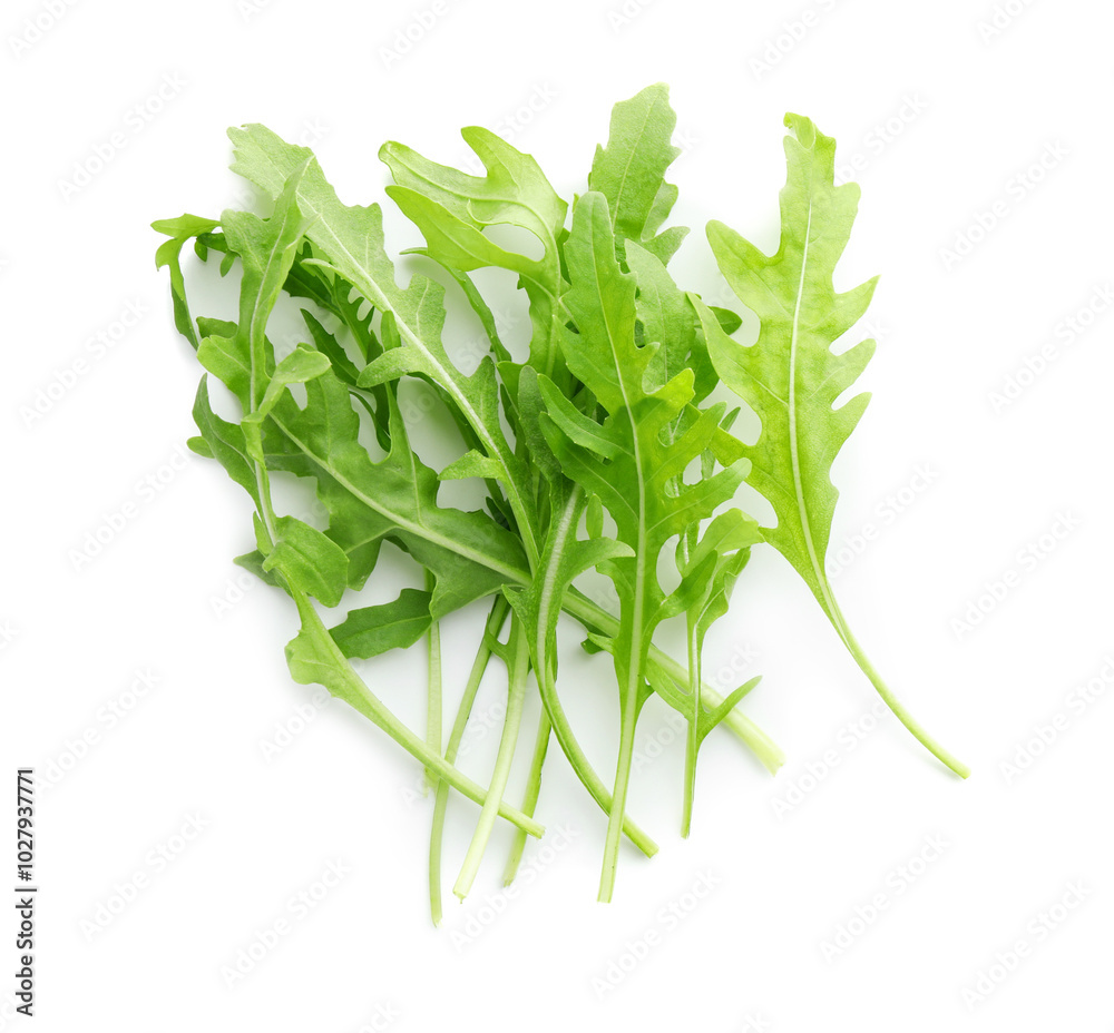 Poster Fresh arugula leaves isolated on white, top view