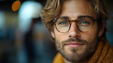 A young man with stylish glasses and a warm smile poses in a cozy indoor setting during the evening