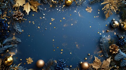 Fototapeta premium Blue background with golden Christmas decorations