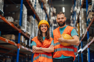 Warehouse workers smiling at camera with arms crossed