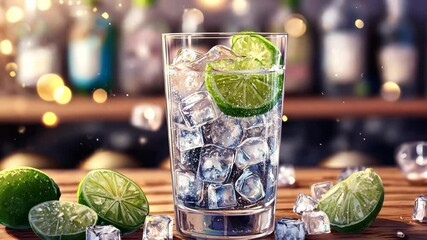 A refreshing drink with lime and ice sits on a wooden bar counter