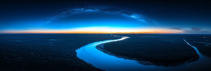 Fototapeta premium The landscape features a meandering river reflecting twilight colors, with dense vegetation and a starry sky illuminating the scene