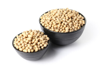 Soy beans in bowls isolated on white