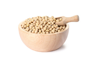Soy beans in bowl and scoop isolated on white
