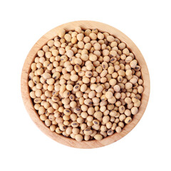 Soy beans in bowl isolated on white, top view