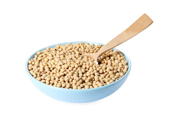 Soy beans in bowl and spoon isolated on white