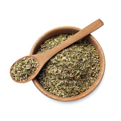 Dried oregano in bowl and spoon isolated on white, top view