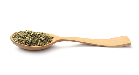 Dried oregano in wooden spoon isolated on white