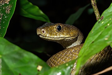 Obraz premium Close-up of a snake surrounded by green leaves in a jungle environment.