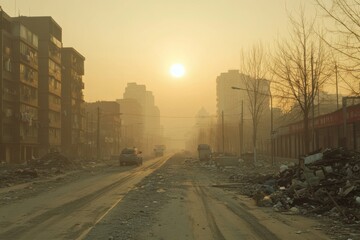 A polluted city street covered in smog during sunrise, with debris on the ground.
