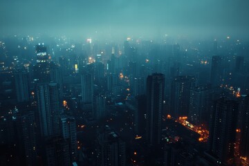 A city skyline at night with visible pollution and a misty atmosphere.