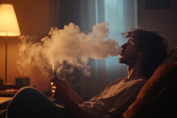 A man exhaling vapor while vaping indoors in a warm, cozy setting.