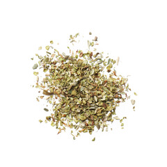 Heap of dried oregano isolated on white, top view