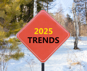 Planning 2025 trends new year symbol. Concept words 2025 Trends on beautiful red road sign. Beautiful winter forest background. Business 2025 trends new year concept. Copy space.