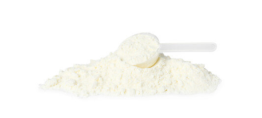 Protein powder and scoop isolated on white