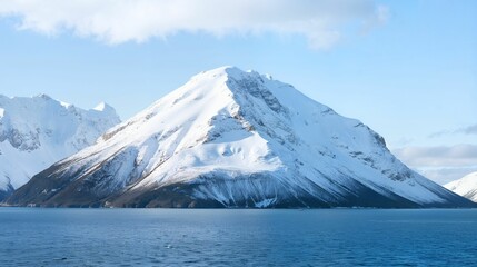 Snowy Mountain Surrounded by Water, Great for Winter and Travel Designs