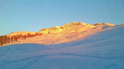   A snow-covered mountain with trees crowning its peak and a vibrant blue sky framing the photograph