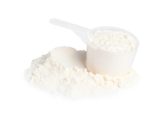 Protein powder and scoop isolated on white