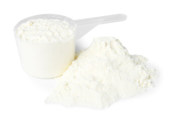 Protein powder and scoop isolated on white