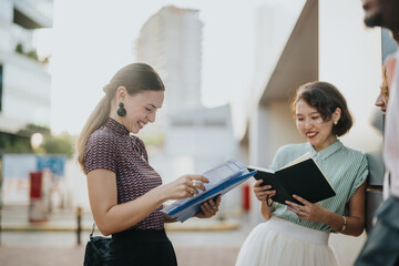 A diverse group of colleagues engages in a collaborative meeting outdoors, discussing ideas and reviewing documents in a relaxed setting.