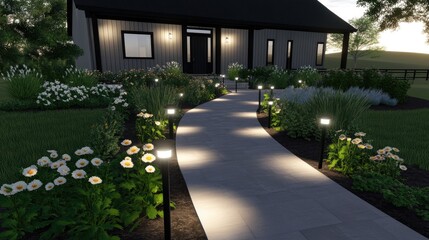 Obraz premium A welcoming home features a stone walkway illuminated by lanterns, surrounded by greenery and white flowers, creating an inviting atmosphere at dusk