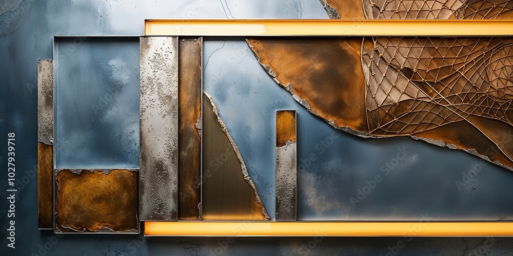 Poster Abstract metal wall art with geometric shapes and textures.