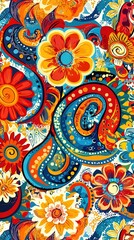   A painting featuring vibrant hues of flowers and intricate patterns of paisleys set against a pure white backdrop, showcasing shades of blue, orange, yellow, and