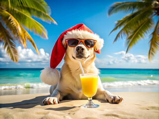 Obraz premium Dog in Santa hat with sunglasses and cocktail on a tropical beach.