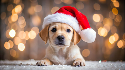 Puppy with Santa hat on with twinkling bokeh lights in the background.