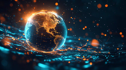 Obraz premium Abstract digital planet Earth hologram on a dark background with bokeh lights, a global network and connectivity concept, a business technology science or world telecommunications stoc Generative AI .